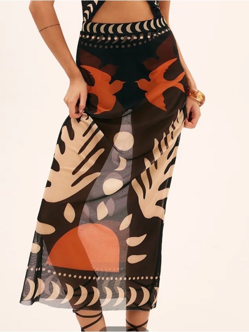 Commense Black Sheer Maxi Skirt with Rust and Cream Graphic Print